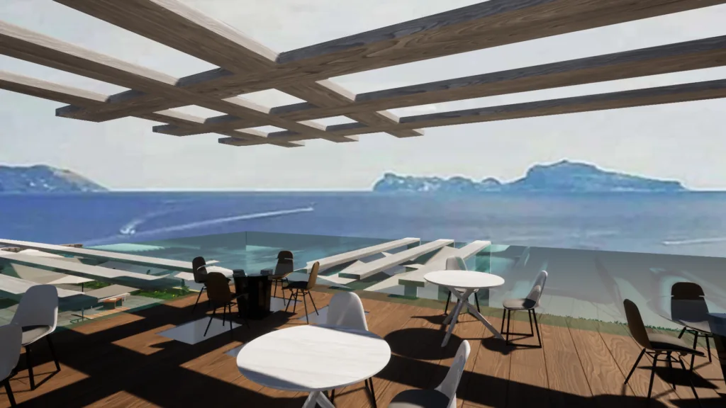 Rendering della futura Club House, terrazza panoramica sul Golfo di Napoli