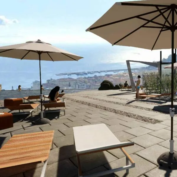 Rendering dell'area piscina e solarium prevista dal progetto